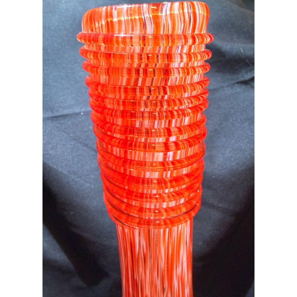 15" Murano Style Art Glass Vase Orange White Confetti Ribbed Neck